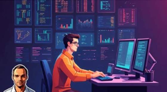 Analista frente a monitores con series financieras